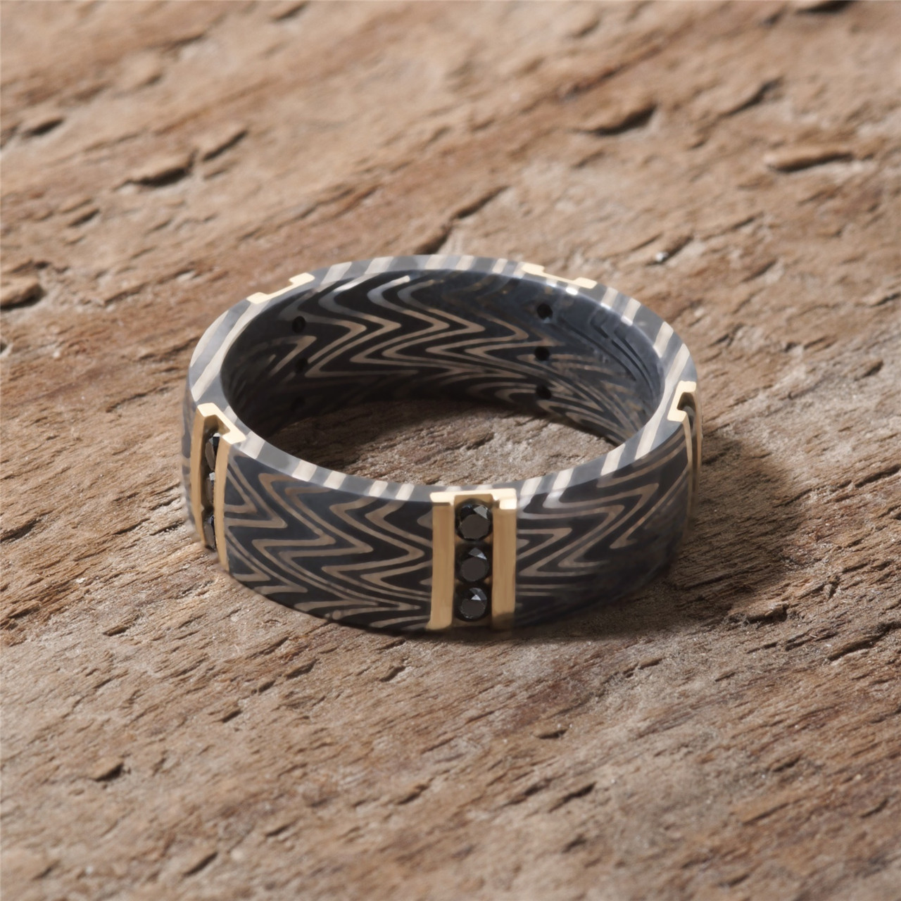 Zebra Damascus Steel with 18K Yellow Gold and Black Diamonds